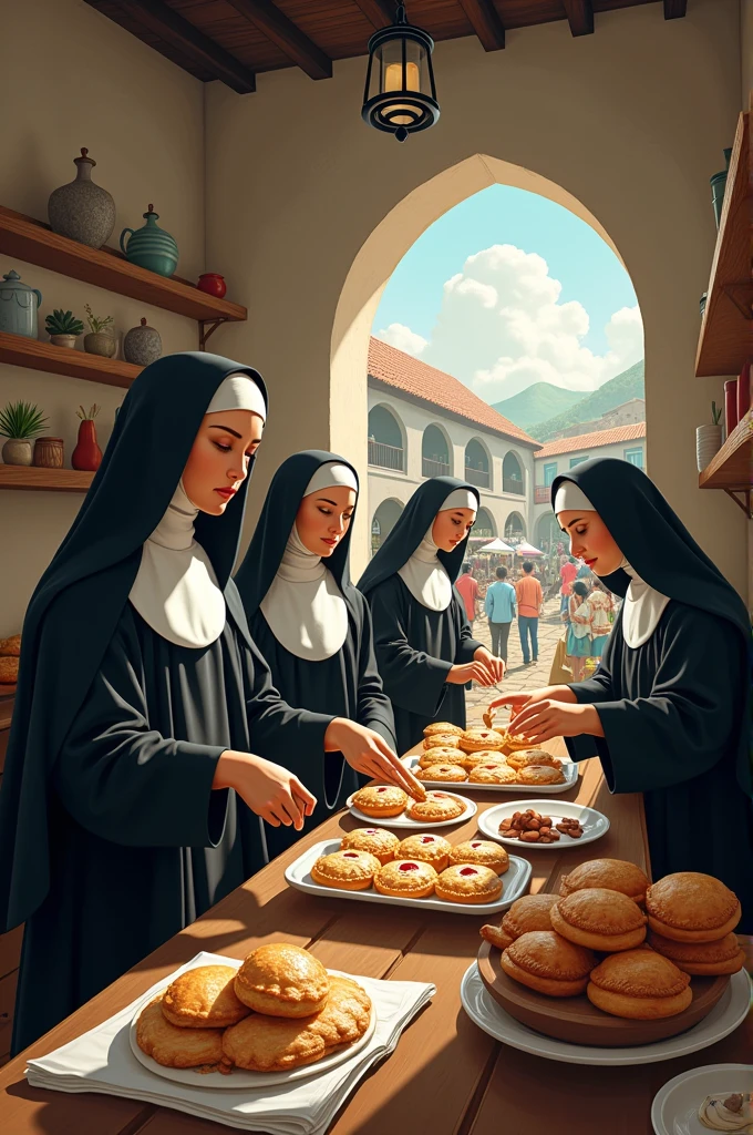 An illustration or photograph showing nuns in a convent preparing traditional sweets, next to an indigenous market where these products are sold.