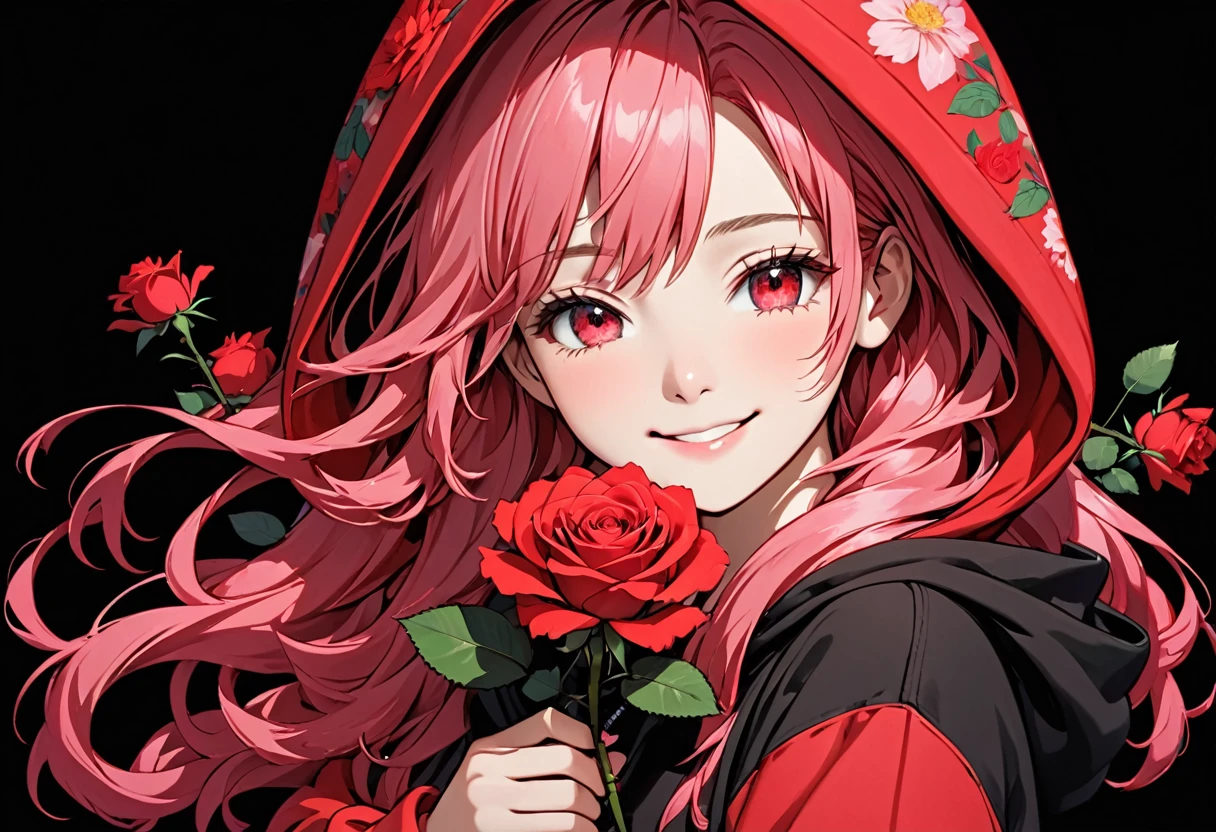 girl with pink hoodie holding a red rose with beautiful eyes and face, 1girl, solo, hood, flower, holding flower, pink hair, rose, one eye closed, looking at viewer, black background, holding, long hair, hoodie, simple background, upper body, long sleeves, smile, red eyes, red flower