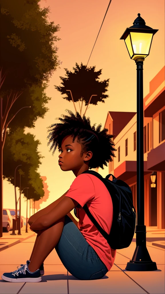 girl, African American, student, sitting with a backpack, looking at a street lamp, one line vector drawing