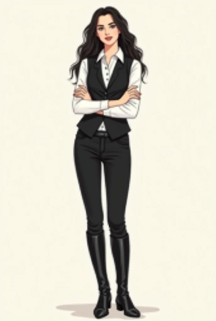 In the neutral drawing line, Imagine a young brunette with her arms crossed and long black curly hair, wearing black riding boots that fit her legs well. She wears black pants with side pockets., hidden inside the boots. The white collared blouse is underneath a black vest. wearing a black overcoat.