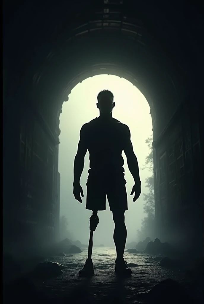 Silhouette of a man of medium build with his left leg amputated at the entrance of a tunnel 