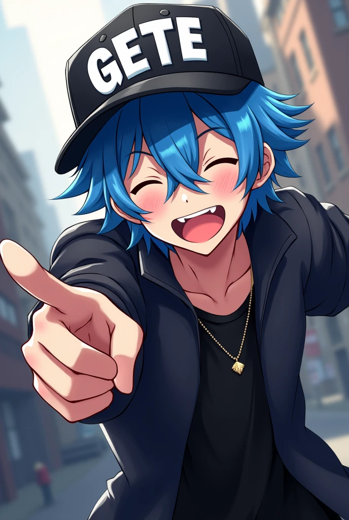 Create a male anime style character with blue hair wearing a cap with the writing GETE and wearing black clothes pointing at something with a laughing face