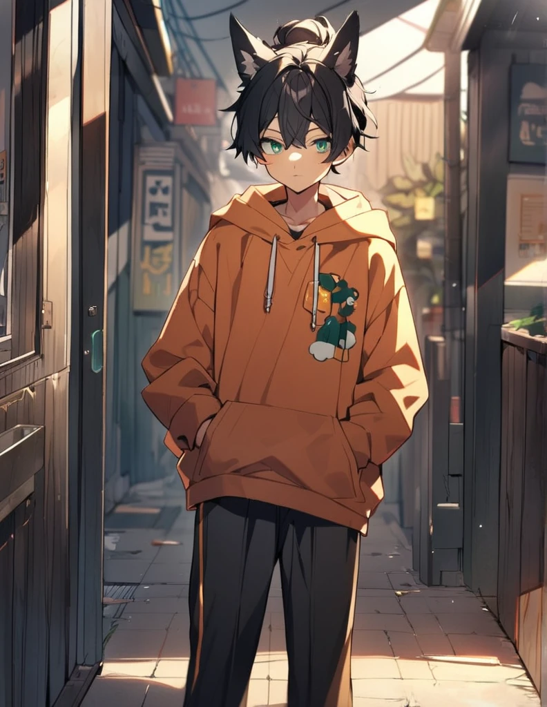 1Boy, black hair, green eyes, standing, fox ears, hair tied in a bun, standing, hoodie, teenager
