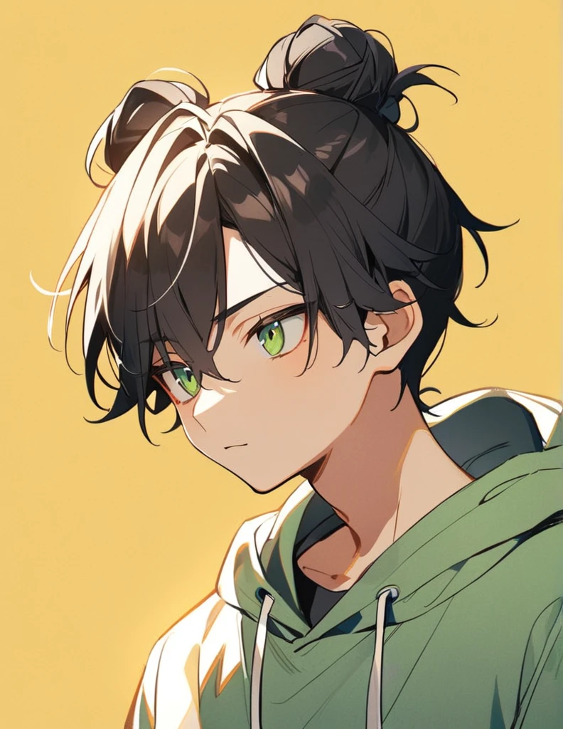 1Boy, black hair, green eyes, standing, fox ears, hair tied in a bun, standing, hoodie, teenager