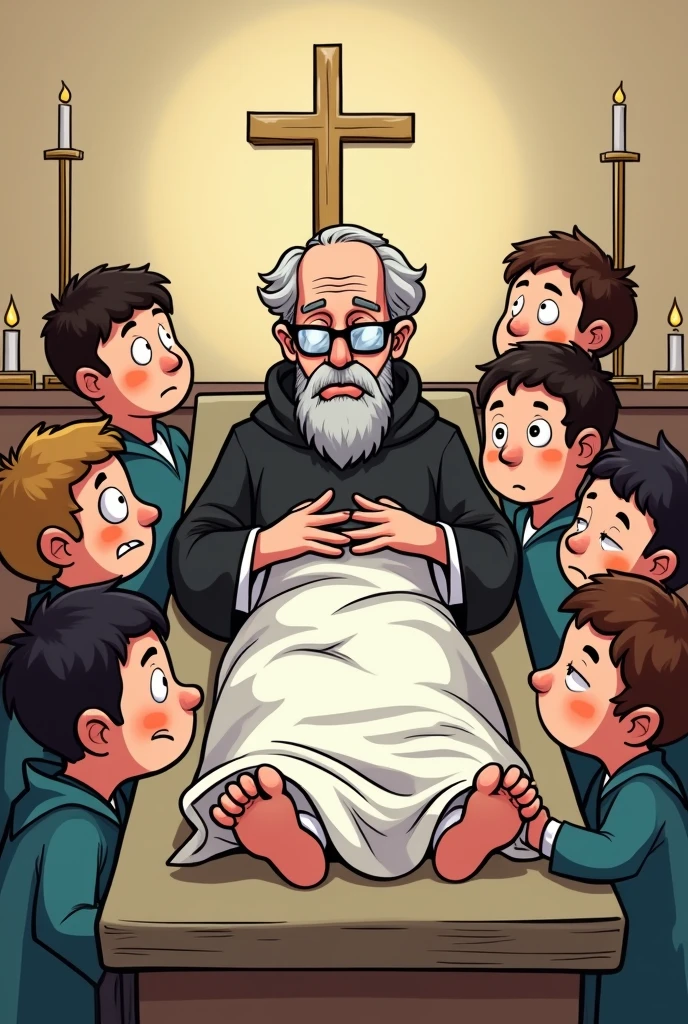 Santo Domingo de Guzman, death, on a stretcher in a cartoon with his altar boy friends 