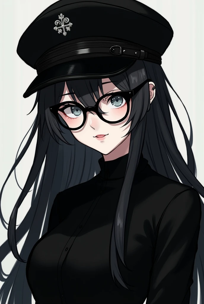Female character pale skin,long black fur,black shirt,black russian hat,anime style and with black glasses with a bow above the anime style lens