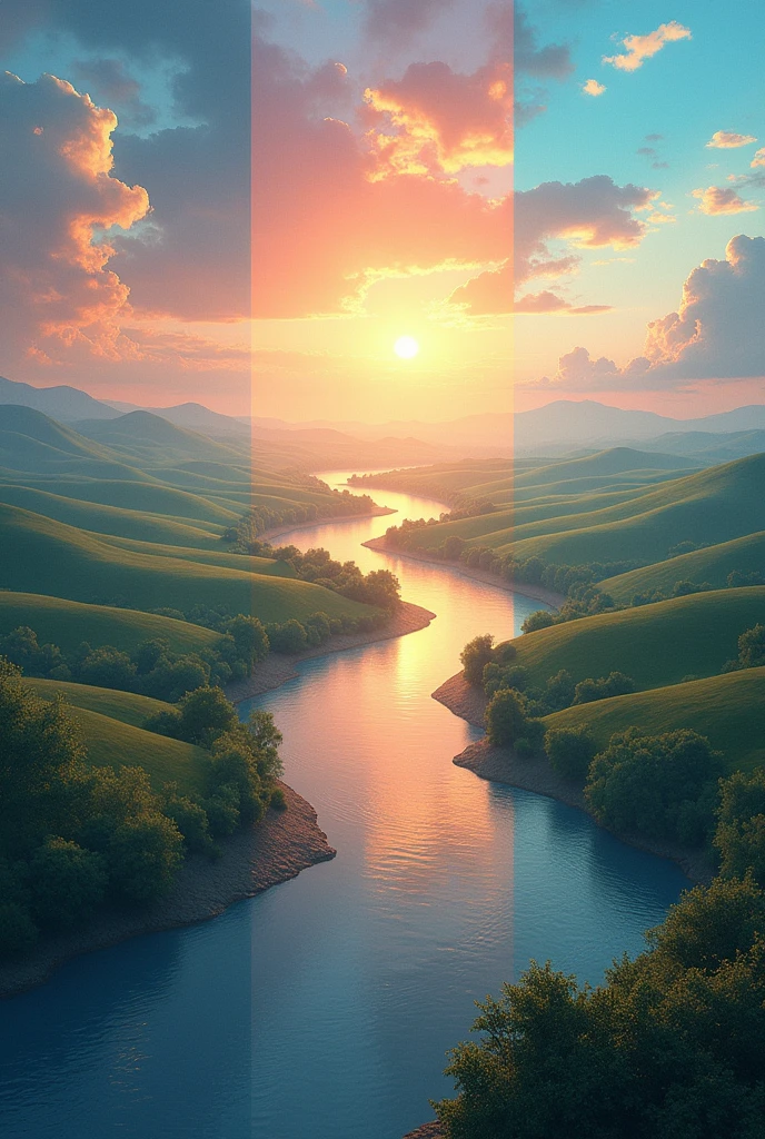 sunrise, midday and sunset in a single image and blur the three phases 