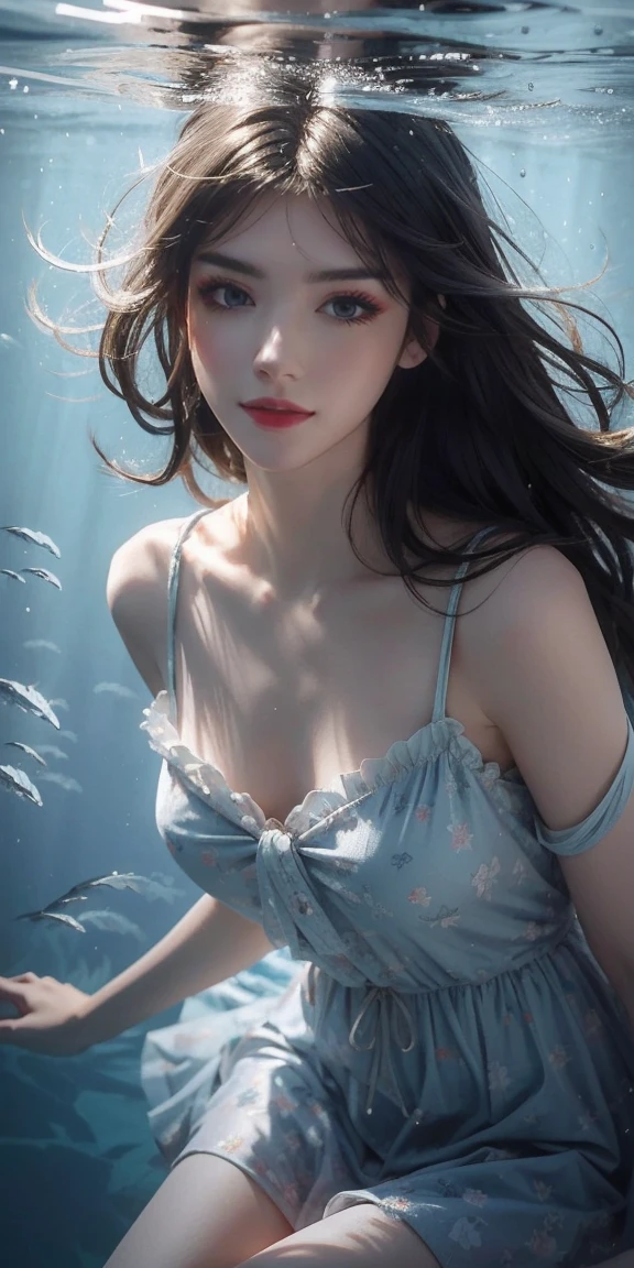 Sweet girl clothes6,print dress, (knee shot) best quality，masterpiece,  black hair，ultra high resolution，Clear face,（Realism：1.4），RAW photos，cold light，woman wearing transparent dress underwater，wallpaper anime blue water，Gurwitz-style artwork，Close-up fantasy of water magic，author：Yang Jie，Gurwitz，A beautiful artistic illustration，Water Nymphs，Beautiful digital artwork，Beautiful digital illustration，Li Song，A beautiful anime portrait，Bovo&#39;s art style