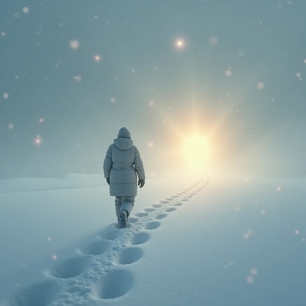 Depict a tranquil, snow-covered landscape with a figure walking toward a distant light. The snow glows faintly, hinting at the presence of Jesus, unseen yet leading the way through faith alone.