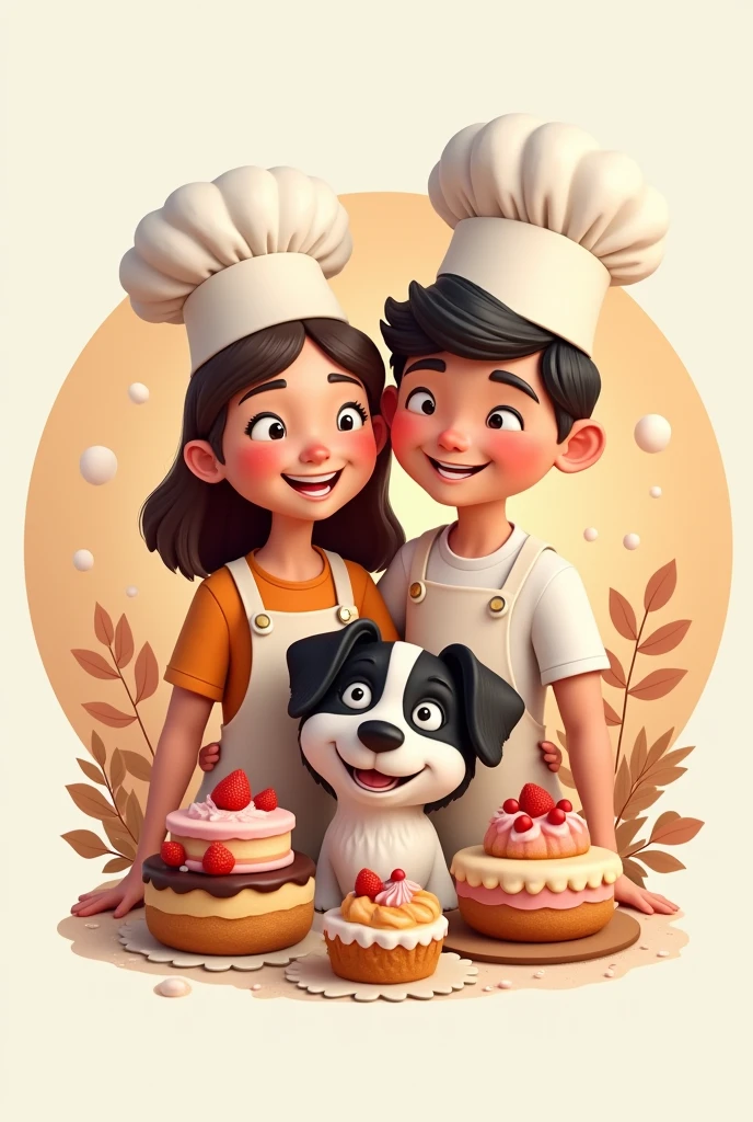 create an animated circular instagram logo of mom with son and daughter and dog with black head and white body, all wearing chef's hats and surrounded by cakes