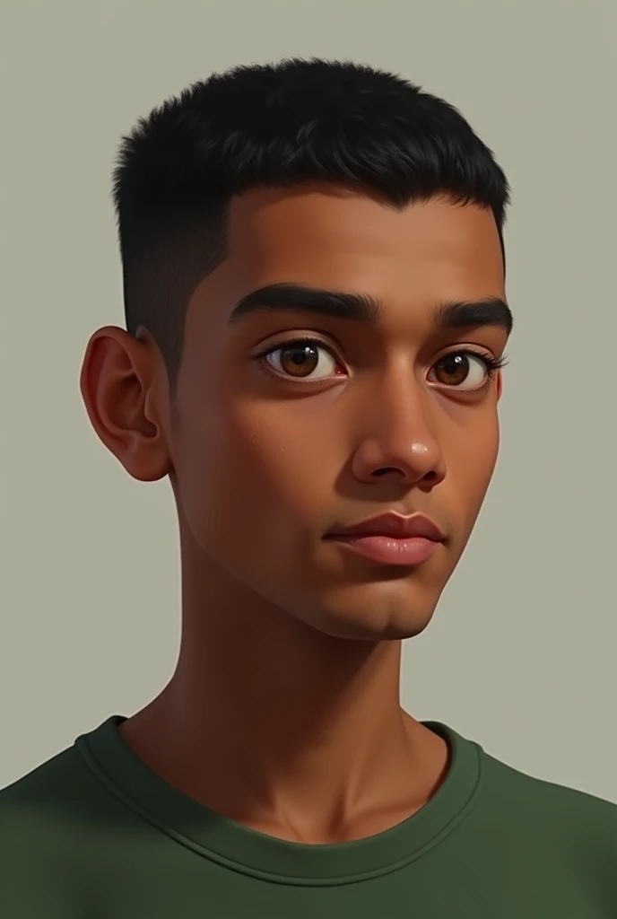 Create a dark-skinned young man, with tanned skin and looks nice. He is thin and wears a green shirt. Her hair is very short and black.. His eyes are brown (Make it look realistic)
