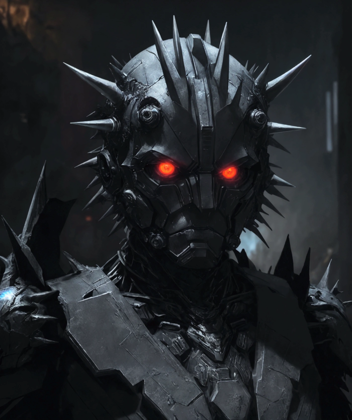 breathtaking cinematic science fiction photo of a portrait of Dark knight, metal skin, body full of spikes and glowing metrics inside, glowing multicoloured eyes, multifaceted eyes, metallic arms, inside a destroyed building, extremely menacing creature, highly detailed, award-winning