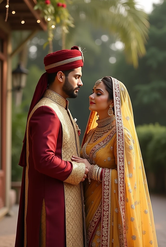 muslim Bride in golden sharee with maroon hijab and Maroon veil. No skin other than face and hair will be visible. her groom in golden panjabi. over the panjabi, he will wear a maroon waist coat. he won't have any hat or cap on his head . He wil be clean shaved. at daylight