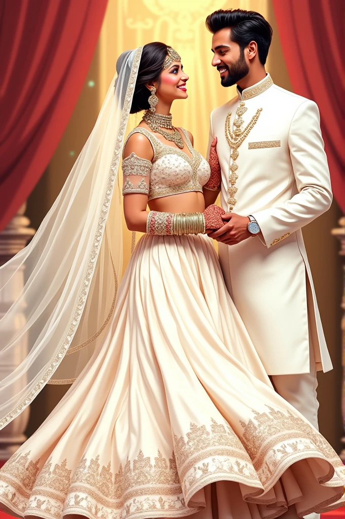 Bride in white lehnga choli duppata and heavy jewellry and groom in white shalwar kameez waistcoat. Bride twilling in front of groom illustration