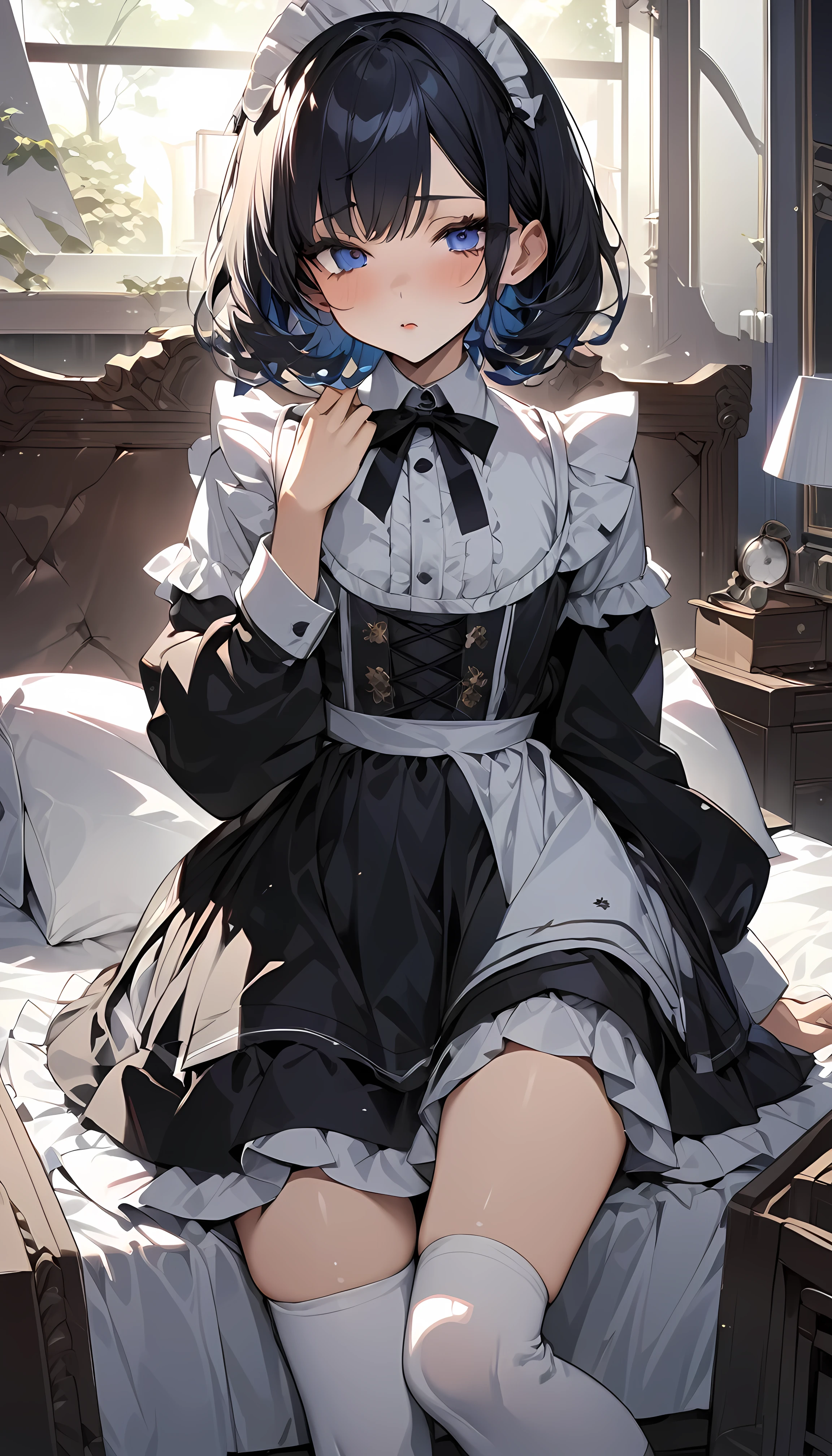 (Surreal)、(High resolution)、(8k)、(Very detailed)、(Best illustrations)、(Beautiful and detailed eyes:1.0)、Highest quality:1.0,maid,Knee-high socks,Absolute area,Natural Lip,Bob Hair、He comes to wake me up in bed:1.0,Looking down
