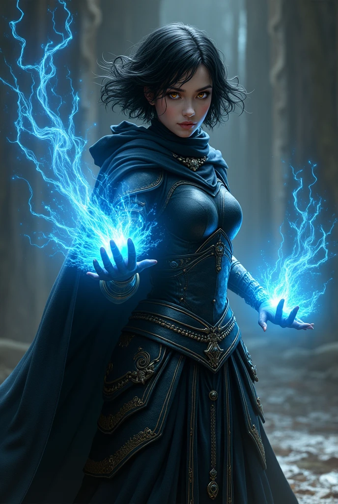 2 angry warrior magical Arabia girl with short open dark hair and golden and luminous eyes, with long luminous blue strings stretching out from her fingers and black dark full armor and looking to the right and stay in dark place