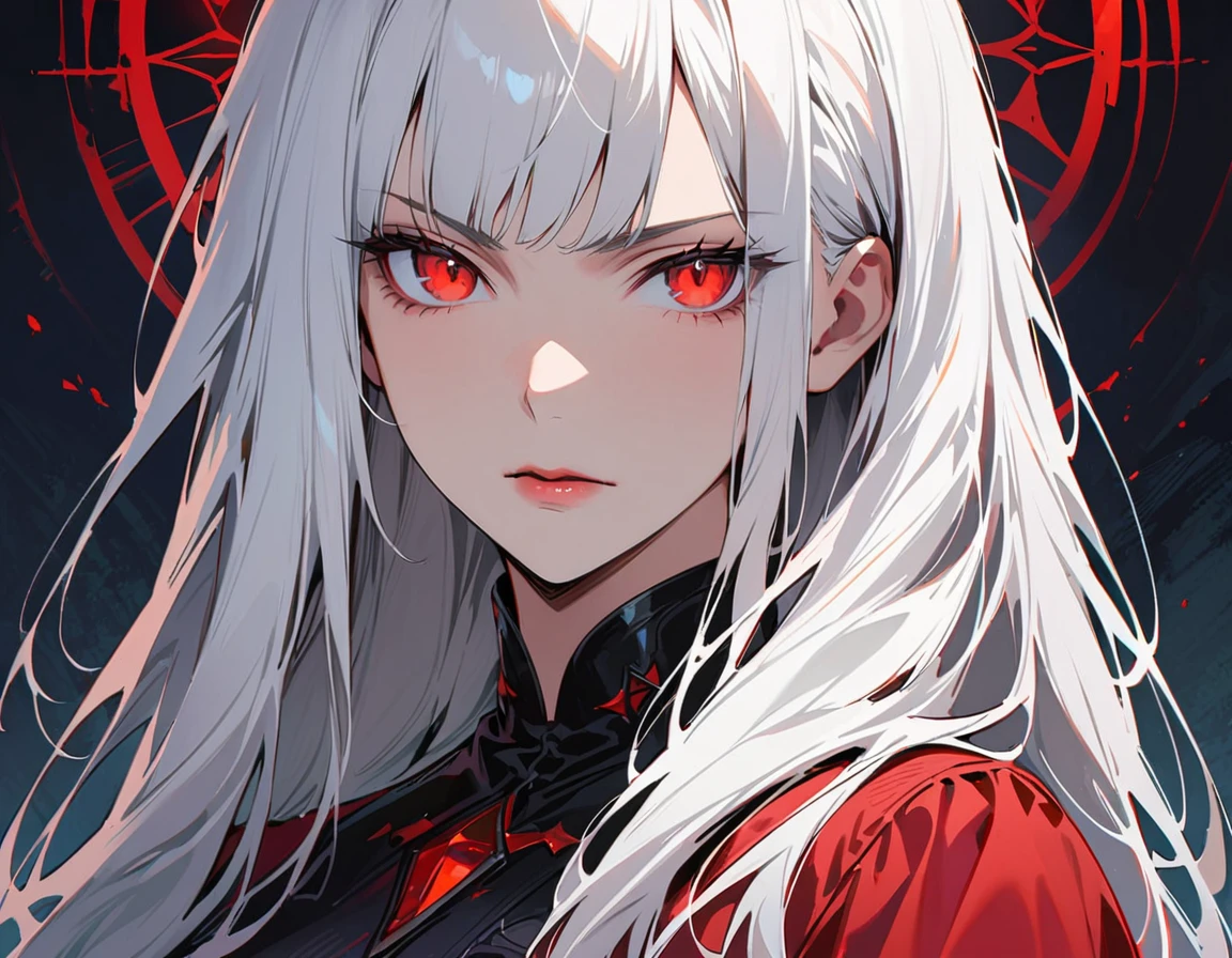 Long white hair, crimson eyes, evil, sexy, black and red clothes, evil face, evil, serious look, gloss lips, sinister, front look, bloody, gloves, close up, portrait, beautiful eyes, short dress, big white, dark place, night, sensual, straight hair cut, clear skin, evil, young 30 years girl, adult girl, solo, red, very long hair, ankle length hair, handsome older WOMAN,crimson-eyes,crimson pupils,Long white hair,Hyperresolution,accuracy,Detailed rendering,(Image of fine hair)(topquality)(Masterpieces of masters)(High degree of completeness)(A sense of atmosphere)tmasterpiece,Super detailed and super detailed(((half-body portrait)))