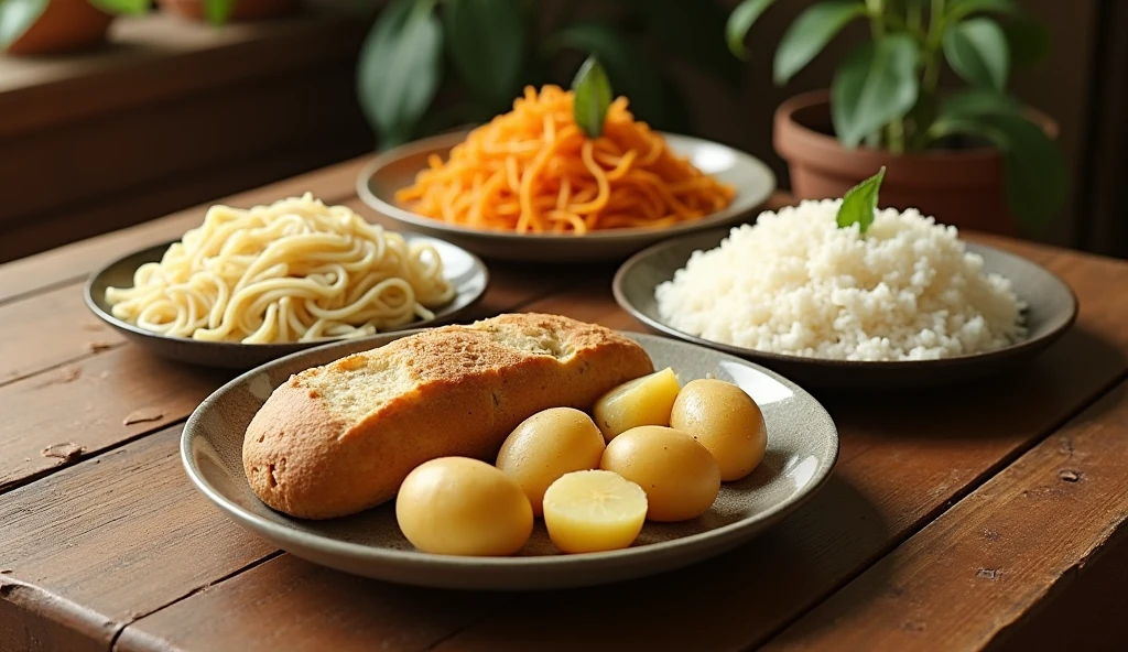 bread noodles rice and potatoes separated in different plates on a homely wooden table served elegantly and with warm colors
