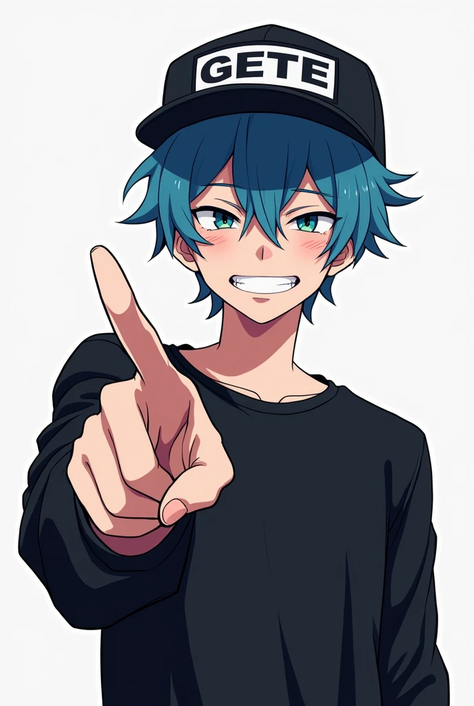 Create a male anime-style character with blue hair wearing a cap with the writing GETE and wearing black clothes pointing to something to his left and with a mocking face. 
