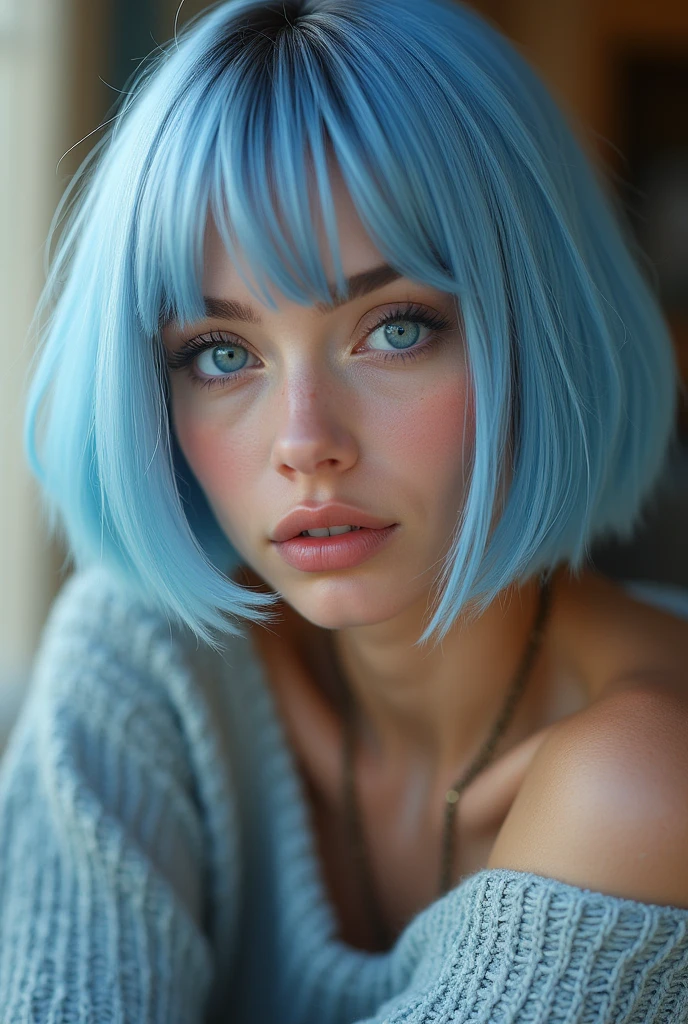 (Highest quality, 8k, 32K, masterpiece, Ultra-high resolution:1.2),Cute 1 American woman image, Large Breasts, Very short bob hair,Upper Body,Face Focus,(Extra Large_sweater,:1.1) necklace, background, View your viewers, Leaning forward, (((Silver streaks in blue hair))), (((Bright light blue eyes))) (((Award-winning details)) ((Avatar makeup and pop star clothing)))