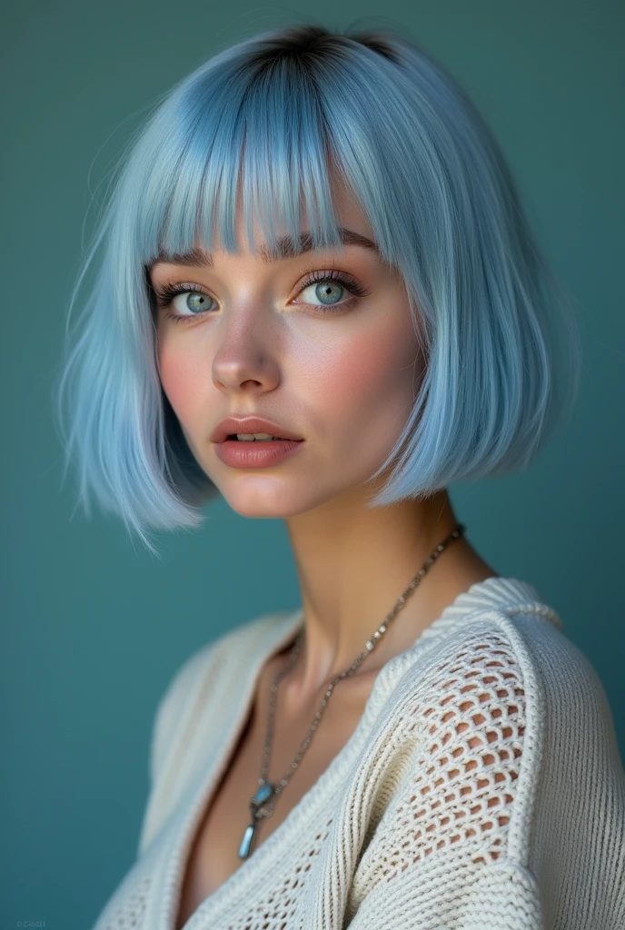 (Highest quality, 8k, 32K, masterpiece, Ultra-high resolution:1.2),Cute 1 American woman image, Large Breasts, Very short bob hair,Upper Body,Face Focus,(Extra Large_sweater,:1.1) necklace, background, View your viewers, Leaning forward, (((Silver streaks in blue hair))), (((Bright light blue eyes))) (((Award-winning details)) ((Avatar makeup and pop star clothing)))