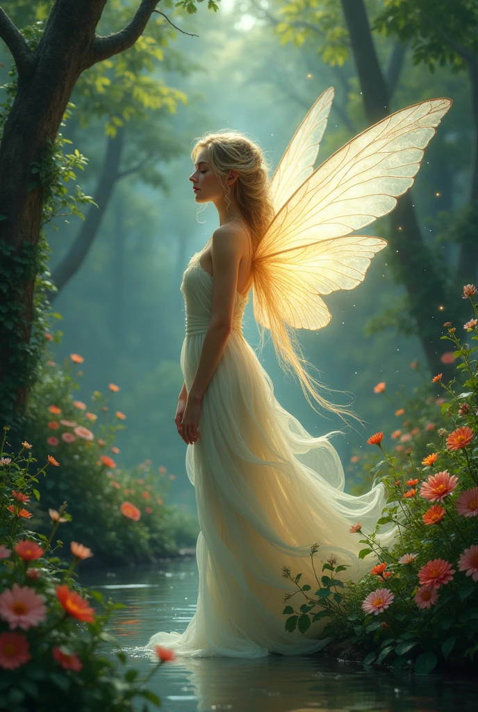  I want to paint a picture of a fairy who has magical powers and the fairy should brings beauty and peace to the garden both day and night in picture 