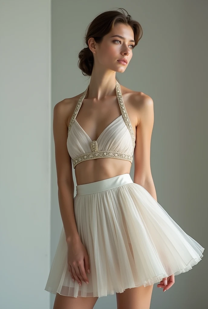 European woman model wearing halter top and short pleated skirt set