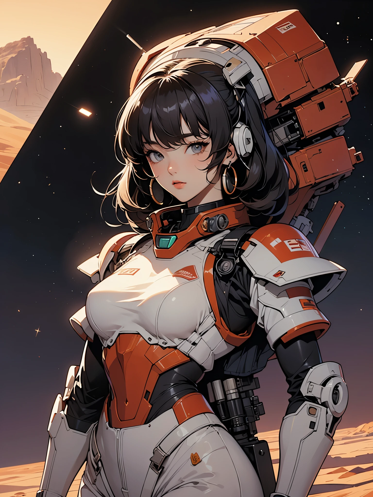 (work of art, best qualityer, ultra detali:1.3), mechgirl. The mars rover opportunity reimagined as an attractive anime woman, in mars, desert, dust. solar panels. "hybrid human-rover" mechgirl