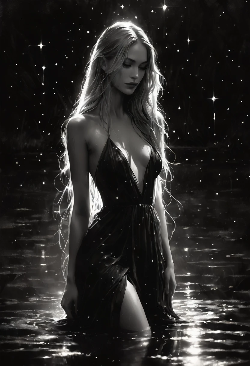 very sexy woman, slim, long hair blonde, very small breasts, sexy dress, nude tits, in a lake, a magical night with stars, eroticism, sexy, black and white image, between shadows, oil painting, chiaroscuro, sensual, dramatic lighting, moody atmosphere, photorealistic, intricate details, masterpiece, ultra-detailed, high quality, 8k, best quality, realistic, cinematic, dark and brooding, expressionistic, powerful composition, emotional impact, art inspired by Bill Sienkiewicz and Dave McKean
