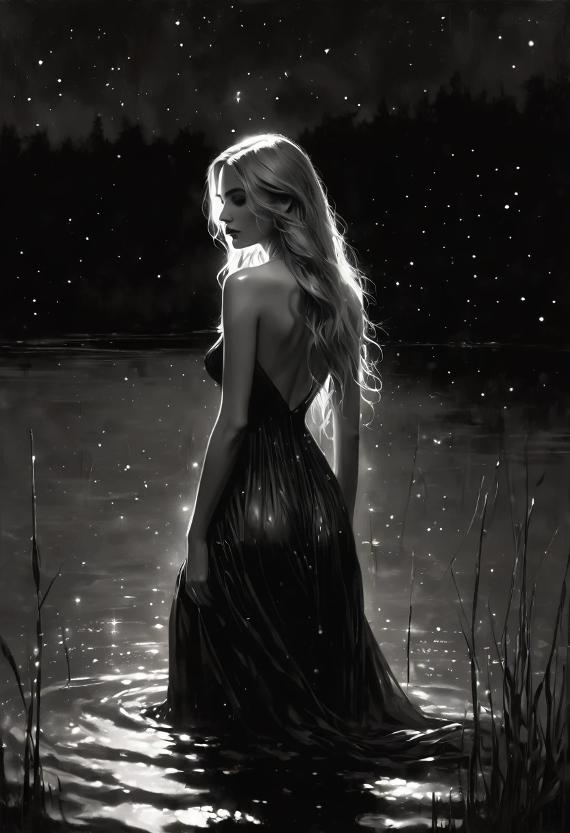 very sexy woman, slim, long hair blonde, very small breasts, sexy dress, nude tits, in a lake, a magical night with stars, eroticism, sexy, black and white image, between shadows, oil painting, chiaroscuro, sensual, dramatic lighting, moody atmosphere, photorealistic, intricate details, masterpiece, ultra-detailed, high quality, 8k, best quality, realistic, cinematic, dark and brooding, expressionistic, powerful composition, emotional impact, art inspired by Bill Sienkiewicz and Dave McKean