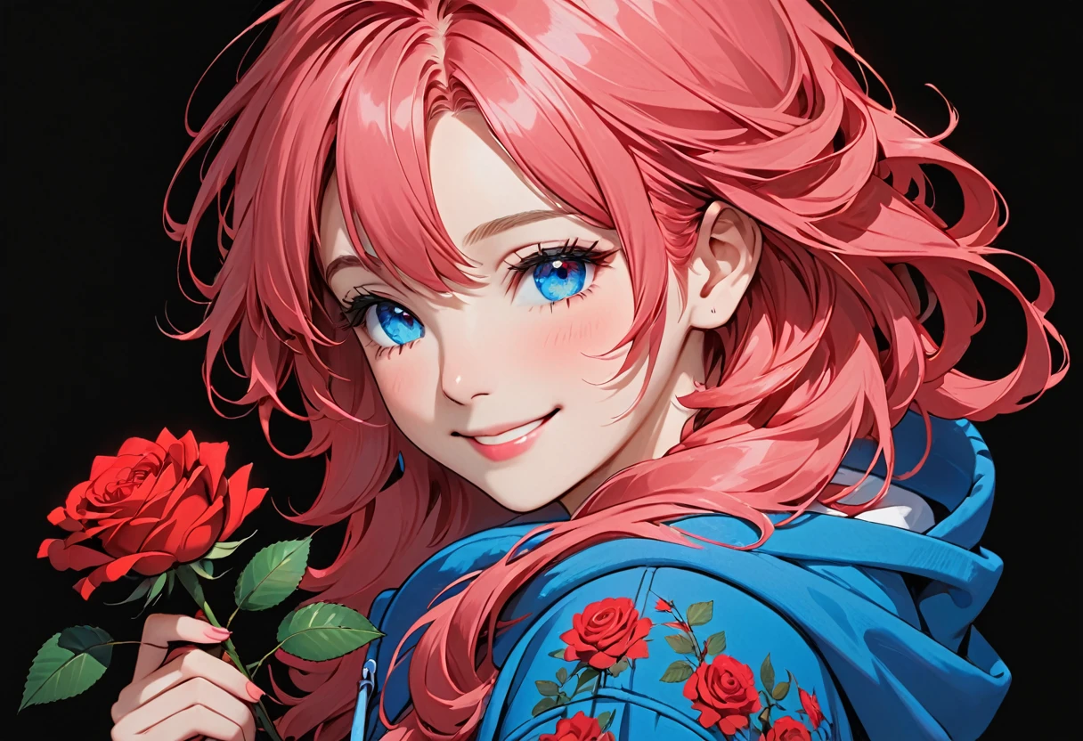 girl with Electric blue hoodie holding a red rose with beautiful eyes and face, 1girl, solo, hood, flower, holding flower, pink hair, rose, one eye closed, looking at viewer, black background, holding, long hair, hoodie, simple background, upper body, long sleeves, smile, red eyes, red flower
