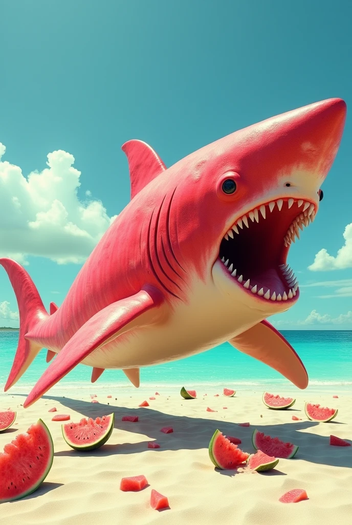 A shark on land made of watermelon 