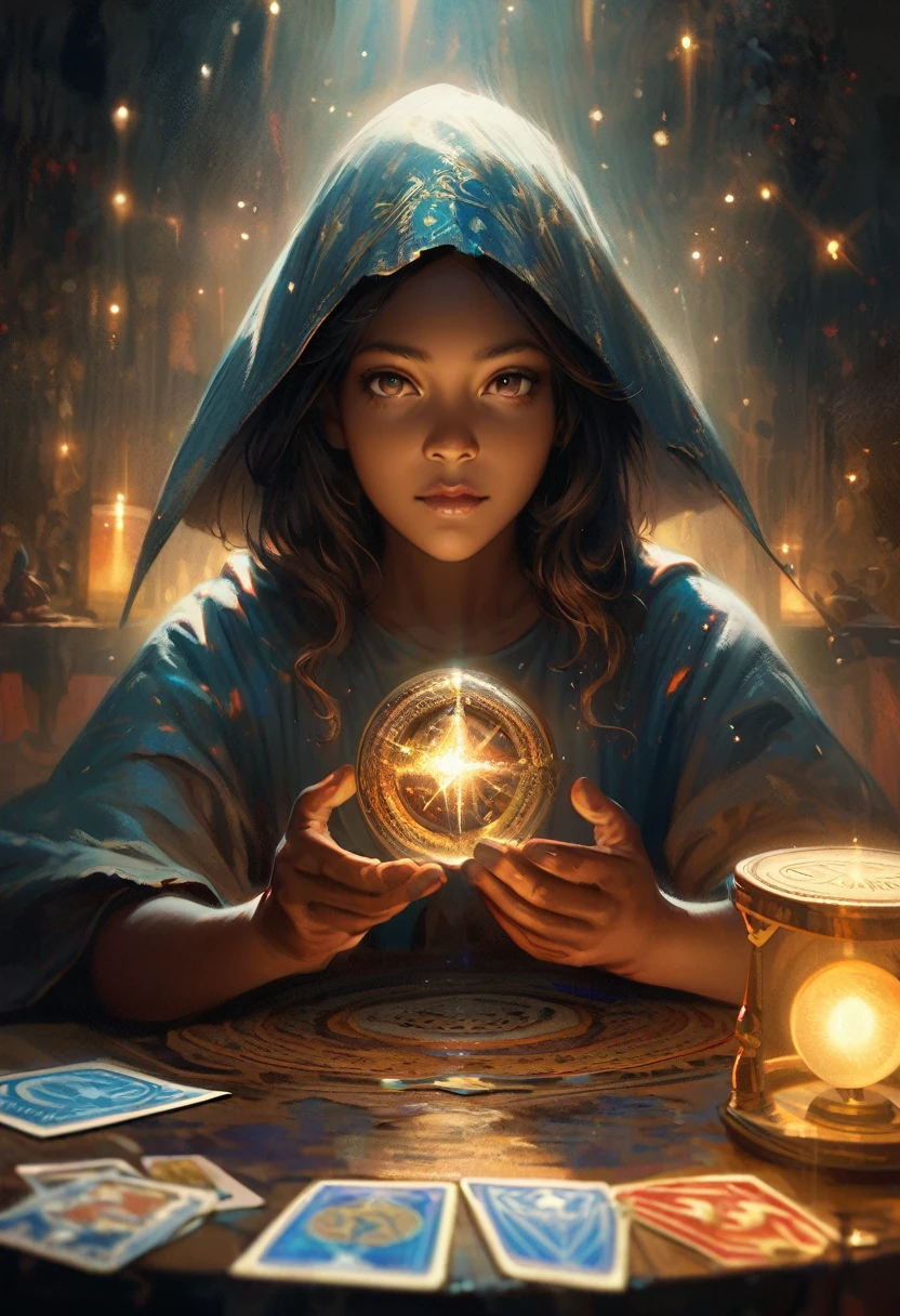Impressionist paintings, Realistic, One person, fortune teller, Tarot cards on the table, View your viewers, Dark Skin, Mysterious, Magic, Shine, Shineing, dark Magic lighting, Sulky, Cinematic, Shine, Sparkling, darkness
