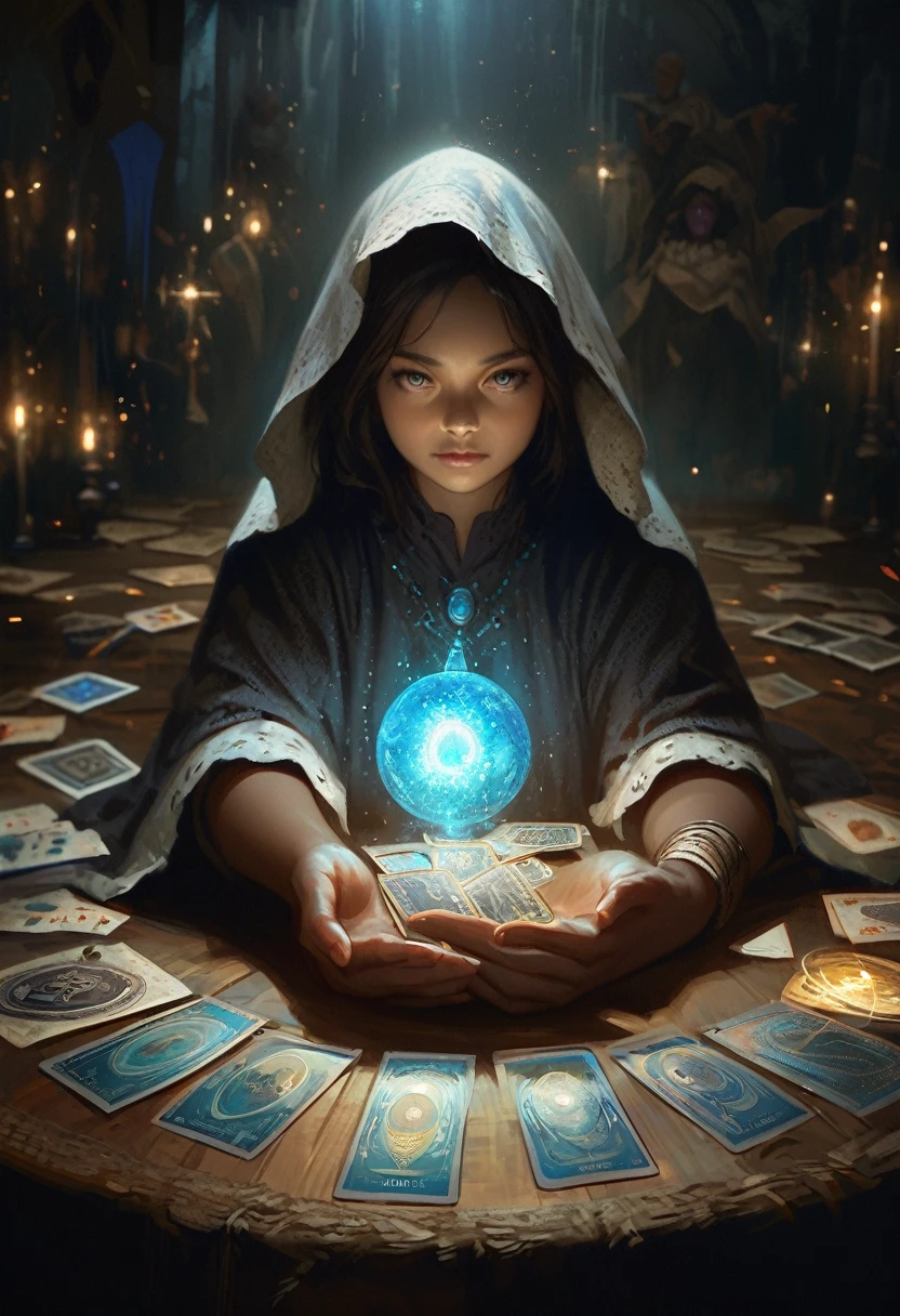 Impressionist paintings, Realistic, One person, fortune teller, Tarot cards on the table, View your viewers, Dark Skin, Mysterious, Magic, Shine, Shineing, dark Magic lighting, Sulky, Cinematic, Shine, Sparkling, darkness