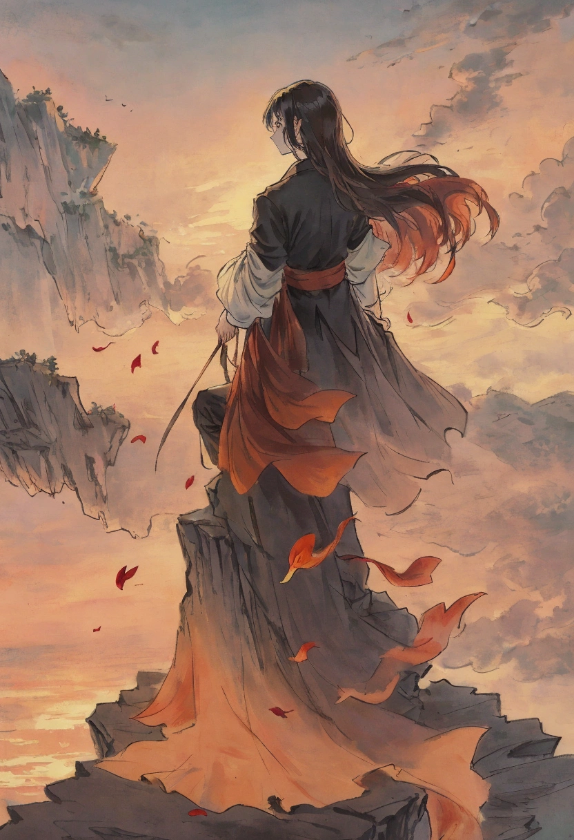 A young romantic couple standing at the edge of a picturesque cliff, their silhouettes stark against the vibrant hues of a setting sun. The scene is rife with symbolism as they face away from each other, their outstretched arms reaching in opposite directions, almost touching but not quite. The woman, with her hair billowing in the wind, clutches a bouquet of red roses that have begun to lose their petals, each one fluttering away like moments of lost love. The man holds a single rose, its stem bent and bruised, mirroring the state of their relationship. The cliff's edge divides them visually, representing the insurmountable chasm their selfishness has created. The vast ocean behind them is a tumult of emotions, waves crashing as a metaphor for their tumultuous love affair. The dramatic sky, a blend of fiery oranges and deep purples, underscores the intensity of the moment. Their expressions are a poignant mix of regret and resignation, as they realize the price of their self-centeredness is the separation they now face. The image captures the essence of a love that could not withstand the weight of their own desires, leaving a bittersweet reminder of what once was and what could have been.