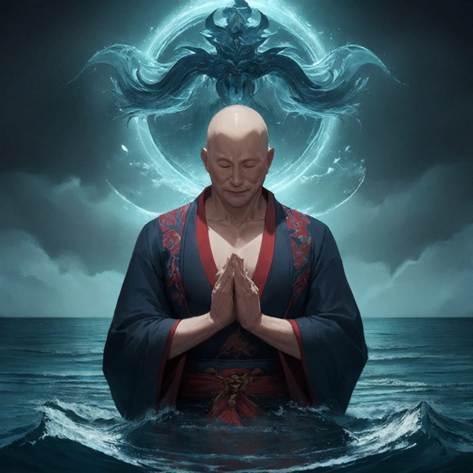 arafed image of a man in a robe standing in the water, taoist master, taoist priest, concept art of a monk, monk meditate, the god of the sea, powerful zen composition, inspired by Kaigetsudō Anchi, yuri shwedoff and tom bagshaw, daoist, inspired by Ma Quan, inspired by Shen Quan
