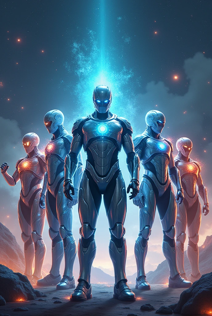"Create an image of the Land of the Halogens, showcasing a dynamic, futuristic environment filled with flickering lights and vivid energy. Fluorine (F) and Chlorine (Cl) are portrayed as armored beings with sleek, metallic suits that shine with electric sparks, symbolizing their high reactivity. Proton, in his advanced, polished armor similar to a knight, stands confidently at the center, emanating leadership. Electron, in his speedster-like suit, is ready for action, moving quickly around the halogens, leaving streaks of light behind. Neutron stands nearby in a sturdy, balanced armor, projecting calmness and stability amidst the energetic surroundings. The scene is set against a dark, starry sky, with bright flashes and cosmic elements, giving it a dramatic, otherworldly feel."