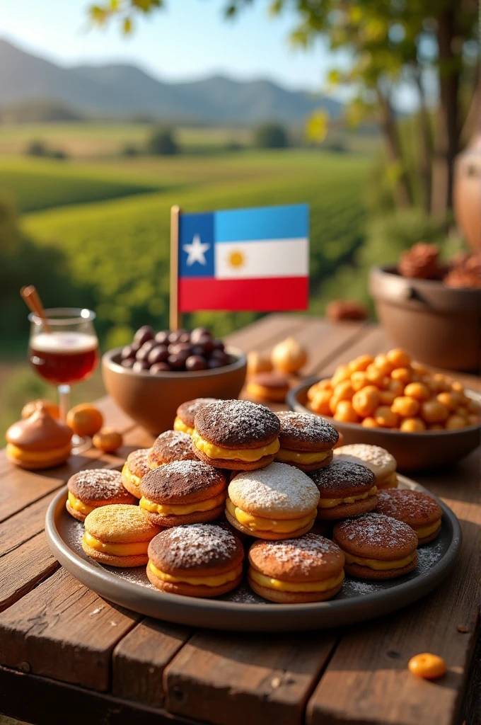 An image that combines alfajores from Mendoza and Chilean sweets, arranged on a traditional wooden table, with some regional elements such as a Chilean flag or a landscape of Mendoza vineyards in the background