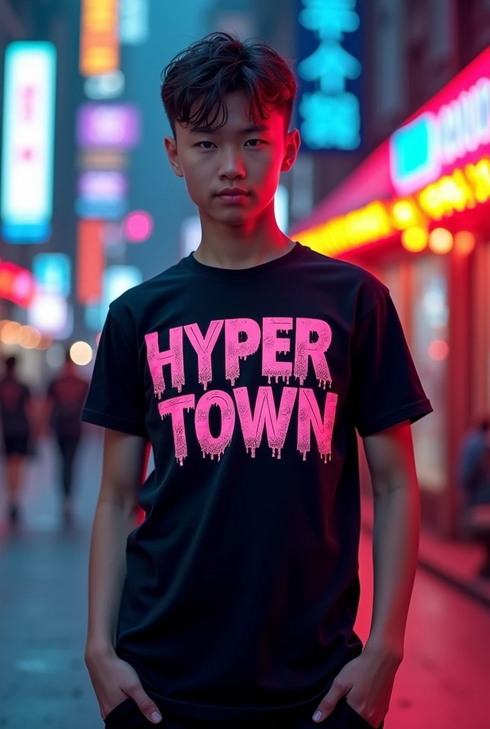 Black shirt with the words &quot;Hyper Town&quot; written on it.