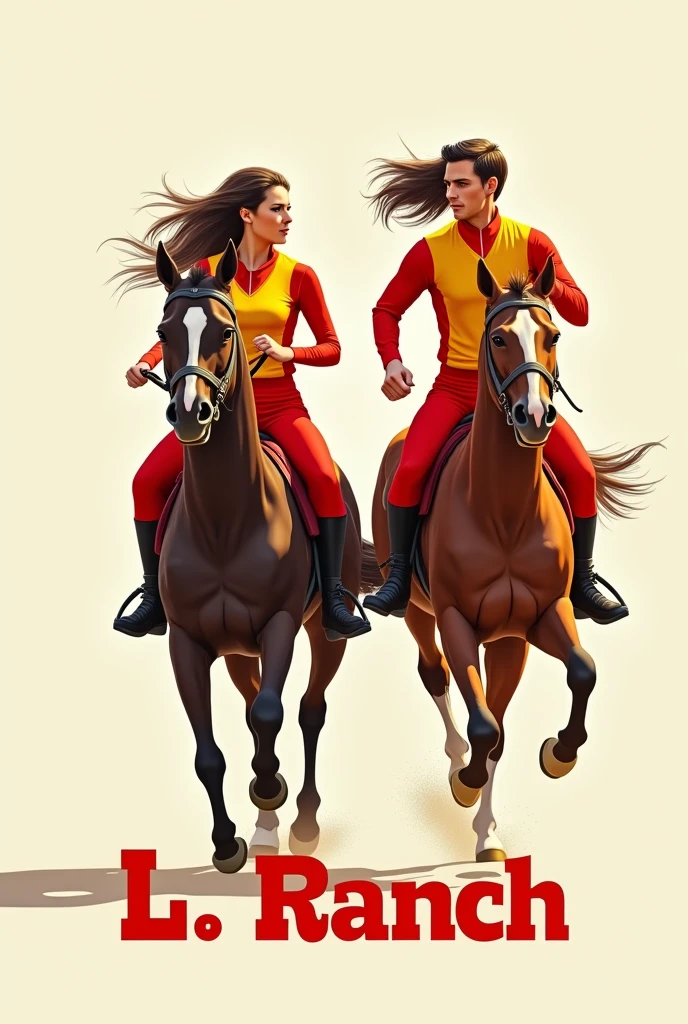 un homme marathonien qui essaie de rattraper une dame sur un cheval.  
Il ne doit y avoir qu'un seul marathonien en train de courir et qu'une seule dame sur le cheval. Le cheval devra être au galop et surtout sans tâche blanche sur la tête.
Les 2 seront de profils et sur le même plan. 
Ils devront porter une tenue vestimentaire rouge et jaune . 
 
L'écriture " L. Ranch" doit apparaitre.

