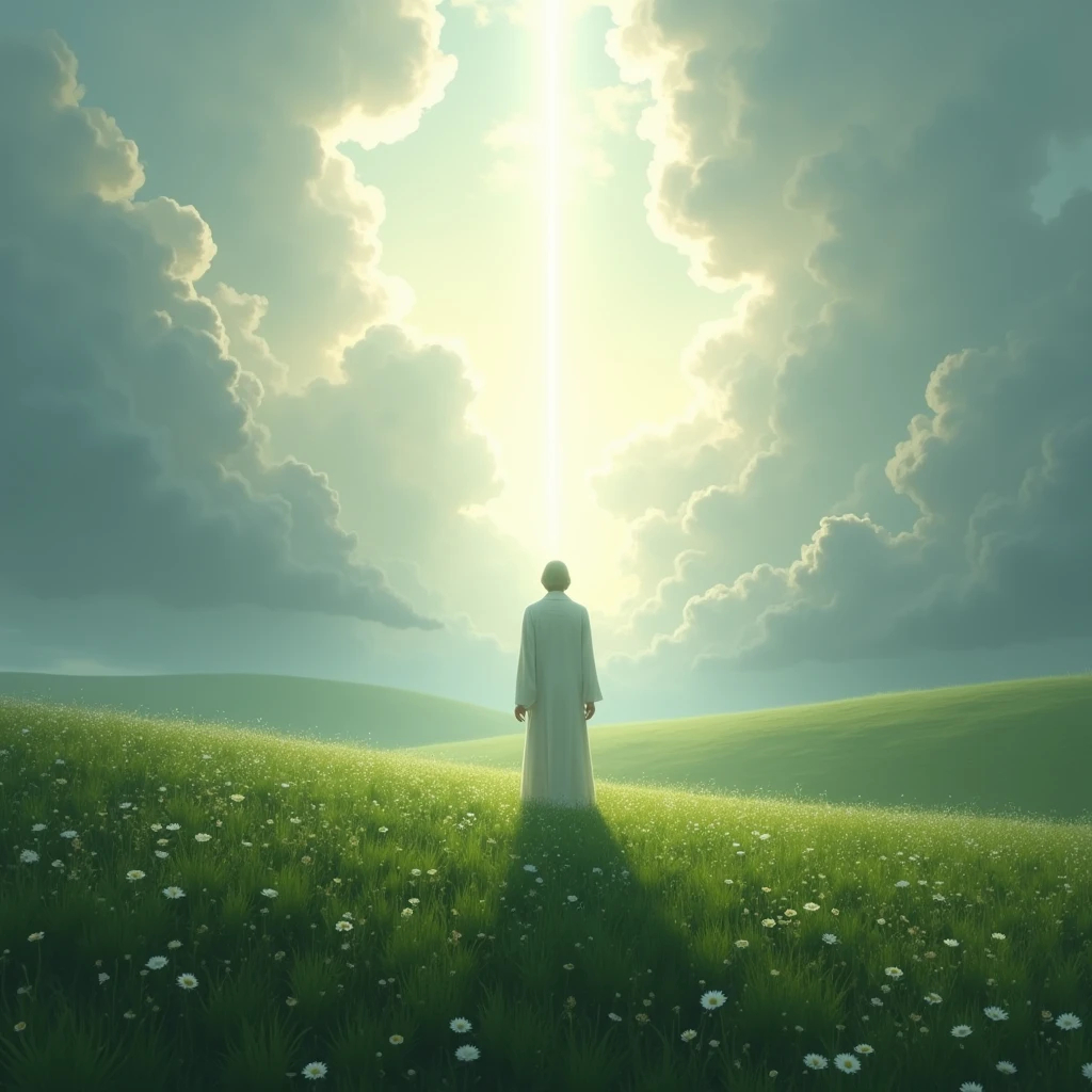 Illustrate a person standing in a lush, green meadow under a cloudy sky. A break in the clouds reveals a soft light, forming a vague image of Jesus. The scene embodies the concept of faith in what is hoped for but not yet seen.
