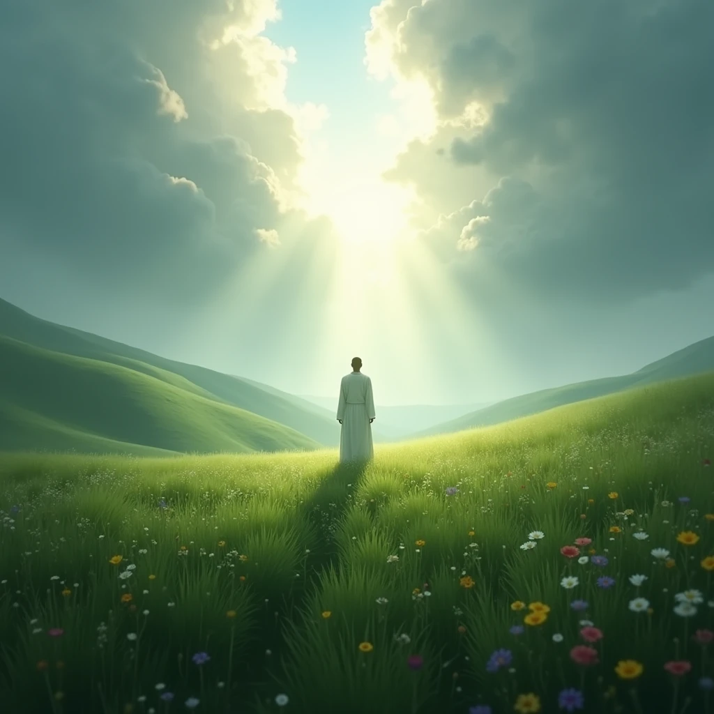 Illustrate a person standing in a lush, green meadow under a cloudy sky. A break in the clouds reveals a soft light, forming a vague image of Jesus. The scene embodies the concept of faith in what is hoped for but not yet seen.