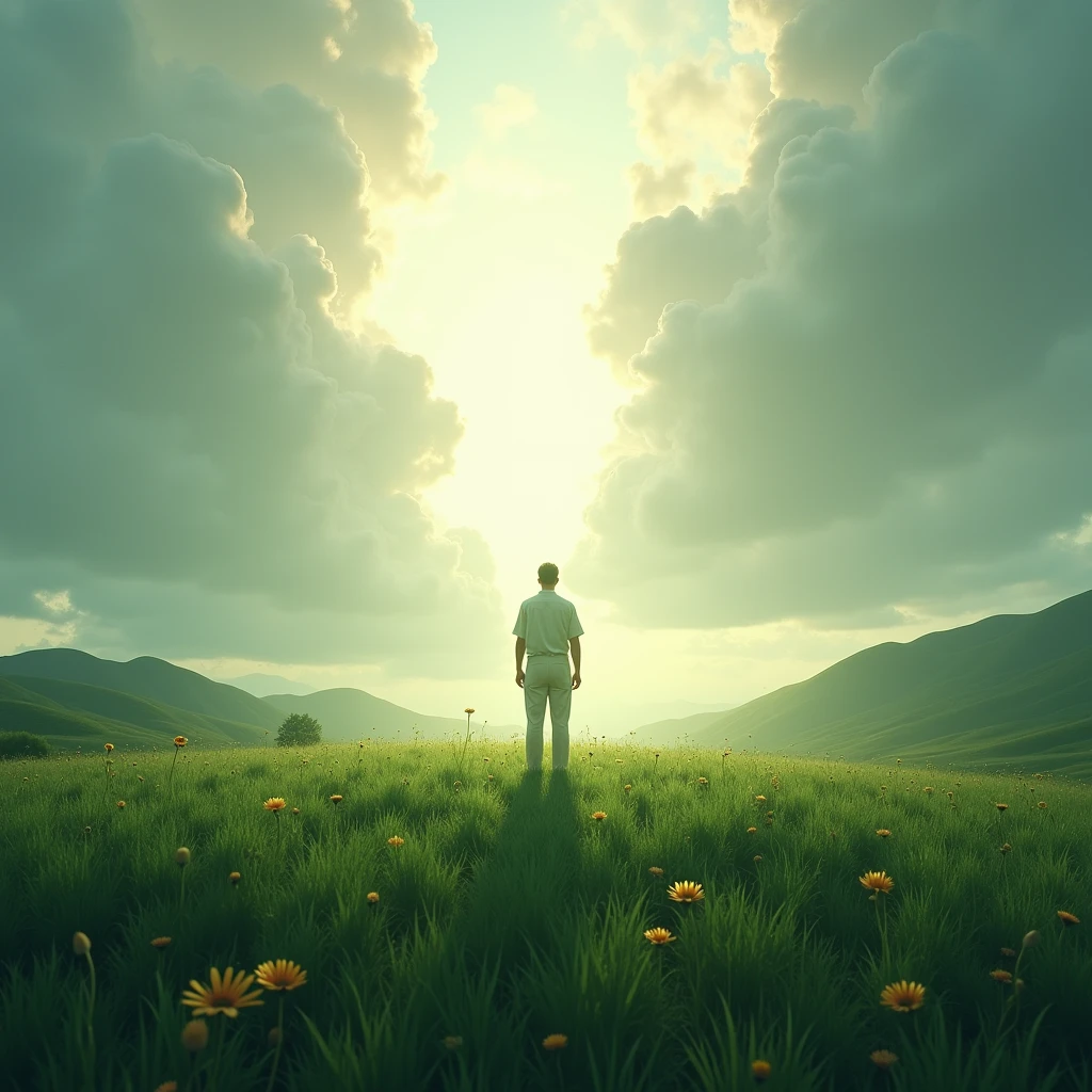 Illustrate a person standing in a lush, green meadow under a cloudy sky. A break in the clouds reveals a soft light, forming a vague image of Jesus. The scene embodies the concept of faith in what is hoped for but not yet seen.