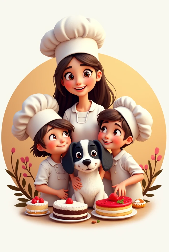 create an animated circular instagram logo of a mom with her two kids and a dog with a black head and white body, all wearing chef's hats and surrounded by cakes
