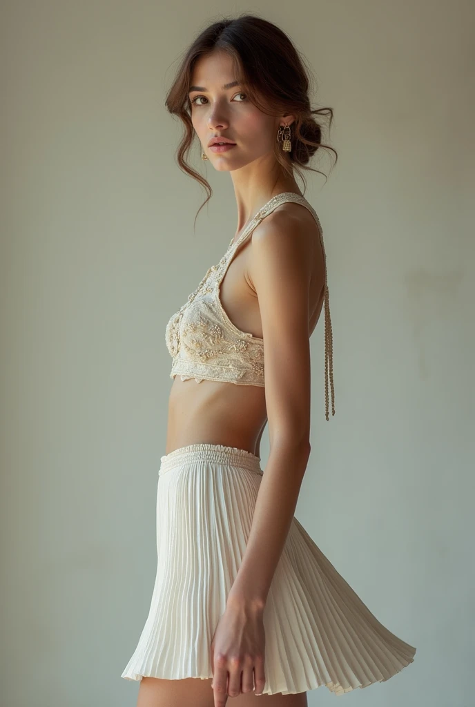 European woman model wearing halter top and short pleated skirt set