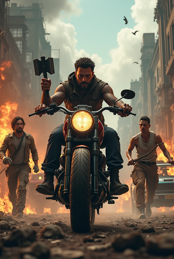 A man on a motorcycle, girl with a big axe in her hands,two men with machine guns, man in a Niva car, iron man on a motorcycle,girl teacher,man with a whip,everything is burning around and there are a lot of zombies in steampunk style