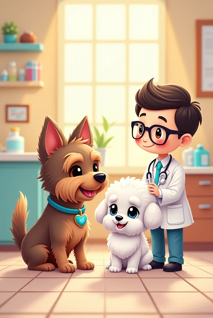 Make a chibi-style drawing of a Yorkshire Terrier. Add a male veterinarian and a white poodle with black eyes.