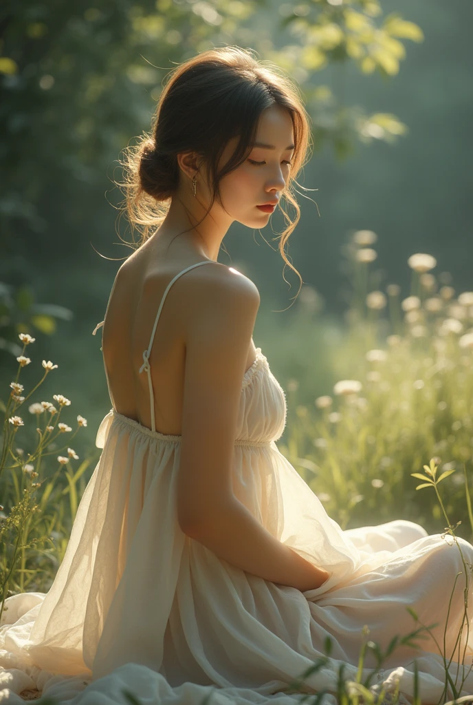 girl sitting shirtless with bare breasts ,censorship
