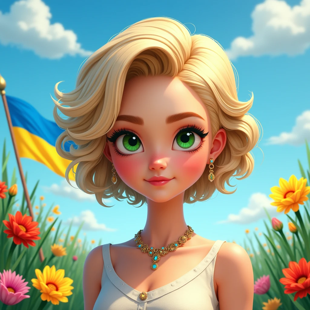 a beautiful ukrainian woman with blonde short curly hair, green years, animated, a little realistic, cartoon face, elegant and confident, digital art masterpiece, vibrant colors of blue and yellow, blue skys, freedom, nature, ukrainian flag, ukrainian flowers, best quality,4k,masterpiece,studio lighting,ultra-fine painting,sharp focus,professional,vivid colors,trending