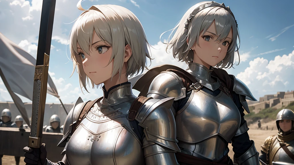 Jeanne d'Arc, yellow short hair, silver armour, war, upper body
